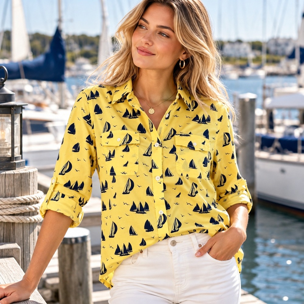 LL Bean Womens Sailboat Button Up Top M Yellow Coastal Nautical Preppy Cottage